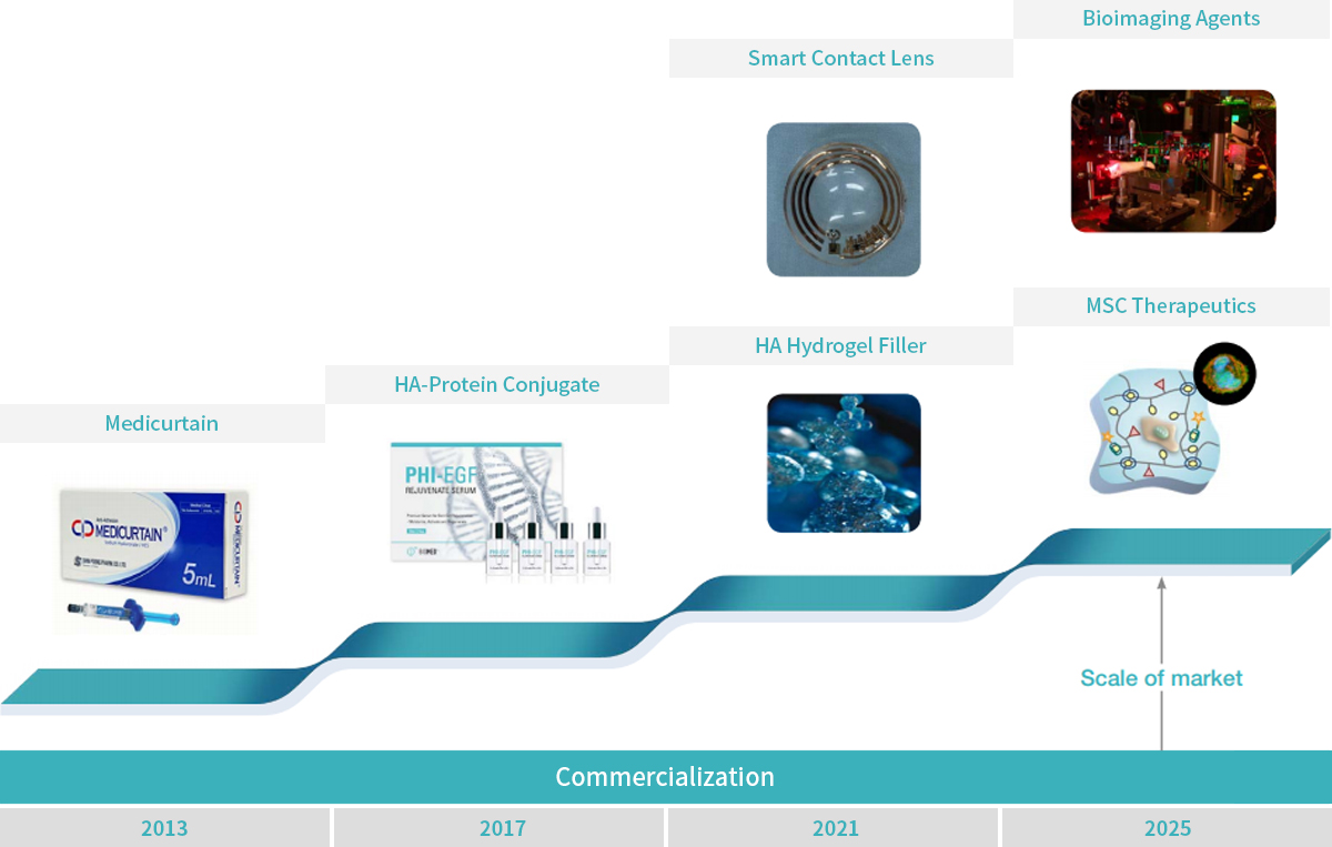 2013-Medicurtain/2017-HA-Protein Conjugate/2021-Smart Contact Lens,HA Hydrogel Filler/2025-Bioimaging Agents,MSC Therapeutics