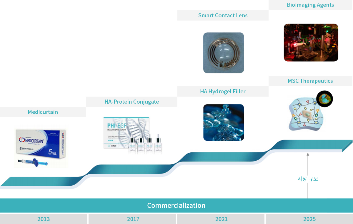 2013-Medicurtain/2017-HA-Protein Conjugate/2021-Smart Contact Lens,HA Hydrogel Filler/2025-Bioimaging Agents,MSC Therapeutics